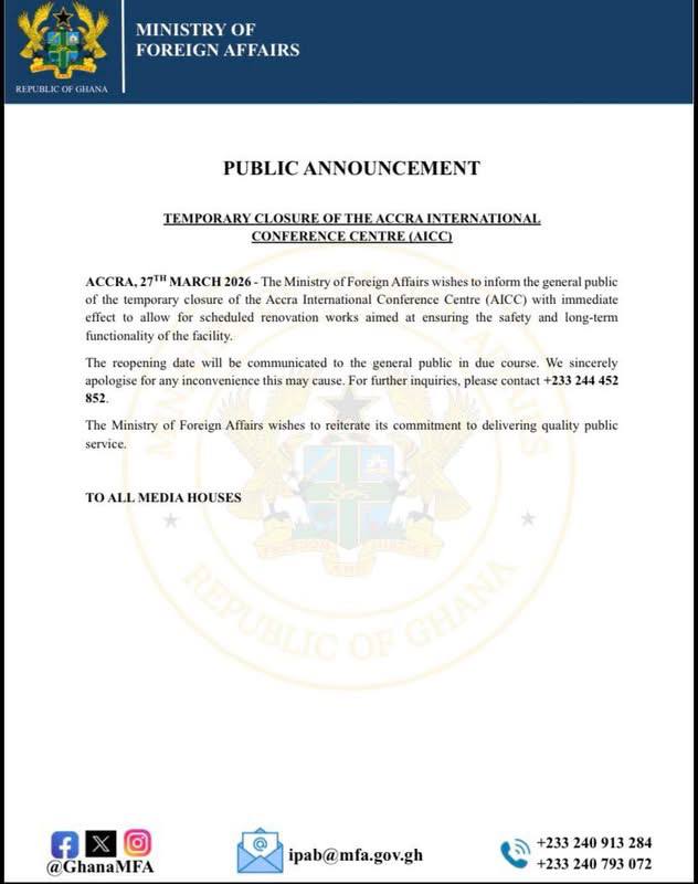 accra international conference centre closure