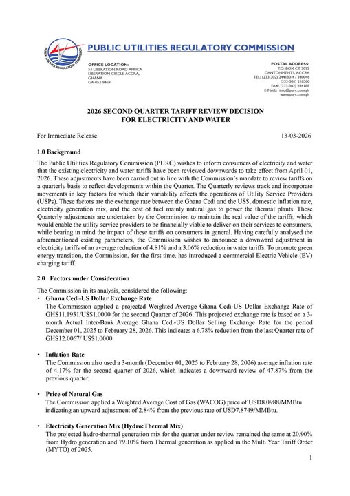 Purc on downward utility tariff from april 1